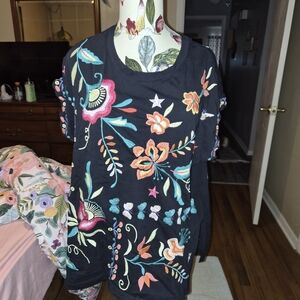 Johnny Was Floral Embroidered Black Women's Top